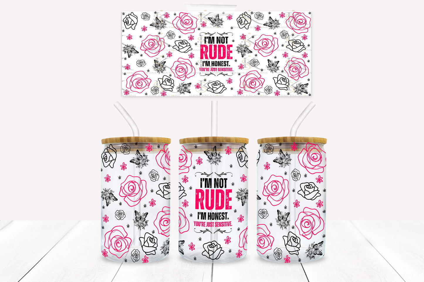 Rude 16oz UV DTF Wrap for Libbey Glass Can | Peel & Stick Cup Wrap | Waterproof & Scratch Resistant Tumbler Decal