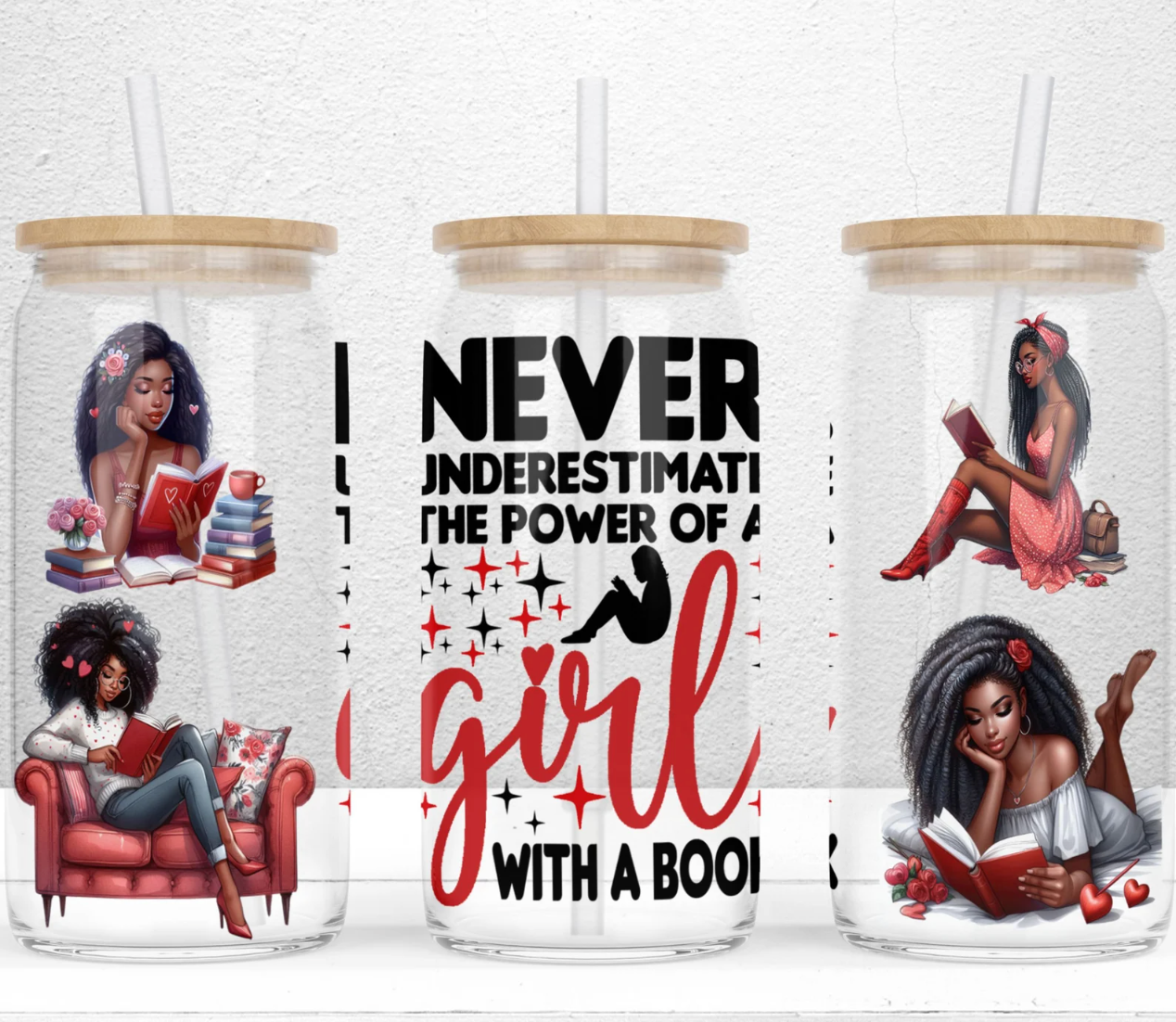 A Girl With a Book 16oz UV DTF Wrap for Libbey Glass Can | Peel & Stick Cup Wrap | Waterproof & Scratch Resistant Tumbler Decal