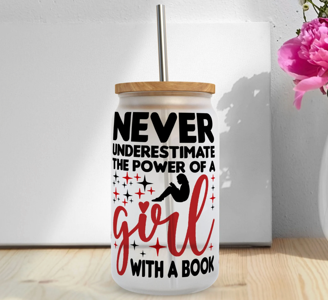 A Girl With a Book 16oz UV DTF Wrap for Libbey Glass Can | Peel & Stick Cup Wrap | Waterproof & Scratch Resistant Tumbler Decal