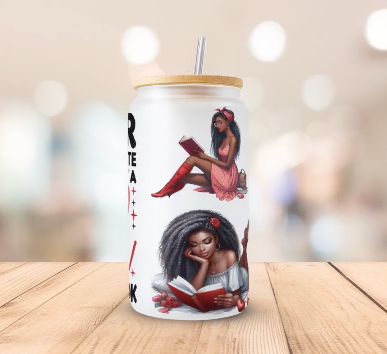A Girl With a Book 16oz UV DTF Wrap for Libbey Glass Can | Peel & Stick Cup Wrap | Waterproof & Scratch Resistant Tumbler Decal