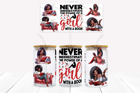 A Girl With a Book 16oz UV DTF Wrap for Libbey Glass Can | Peel & Stick Cup Wrap | Waterproof & Scratch Resistant Tumbler Decal