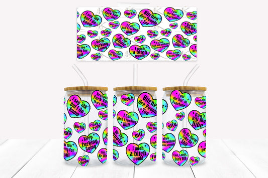 Sarcastic Hearts 16oz UV DTF Wrap for Libbey Glass Can | Peel & Stick Cup Wrap | Waterproof & Scratch Resistant Tumbler Decal