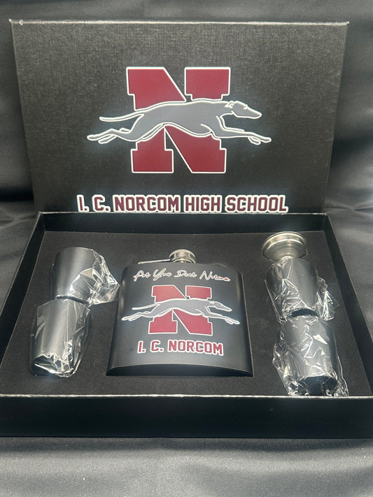 I.C. Norcom High School Flask Gift Set – Stainless Steel Flask with 4 Shot Cups & Gift Box | Greyhound Pride Gift